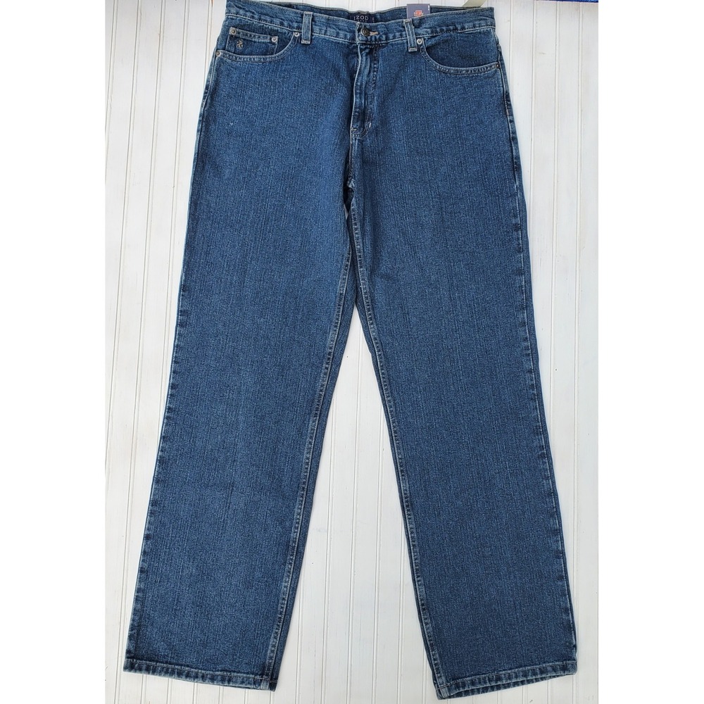 IZOD Mens Relaxed Fit Jeans 36x34 Medium Wash Blue Denim Straight Leg NWT